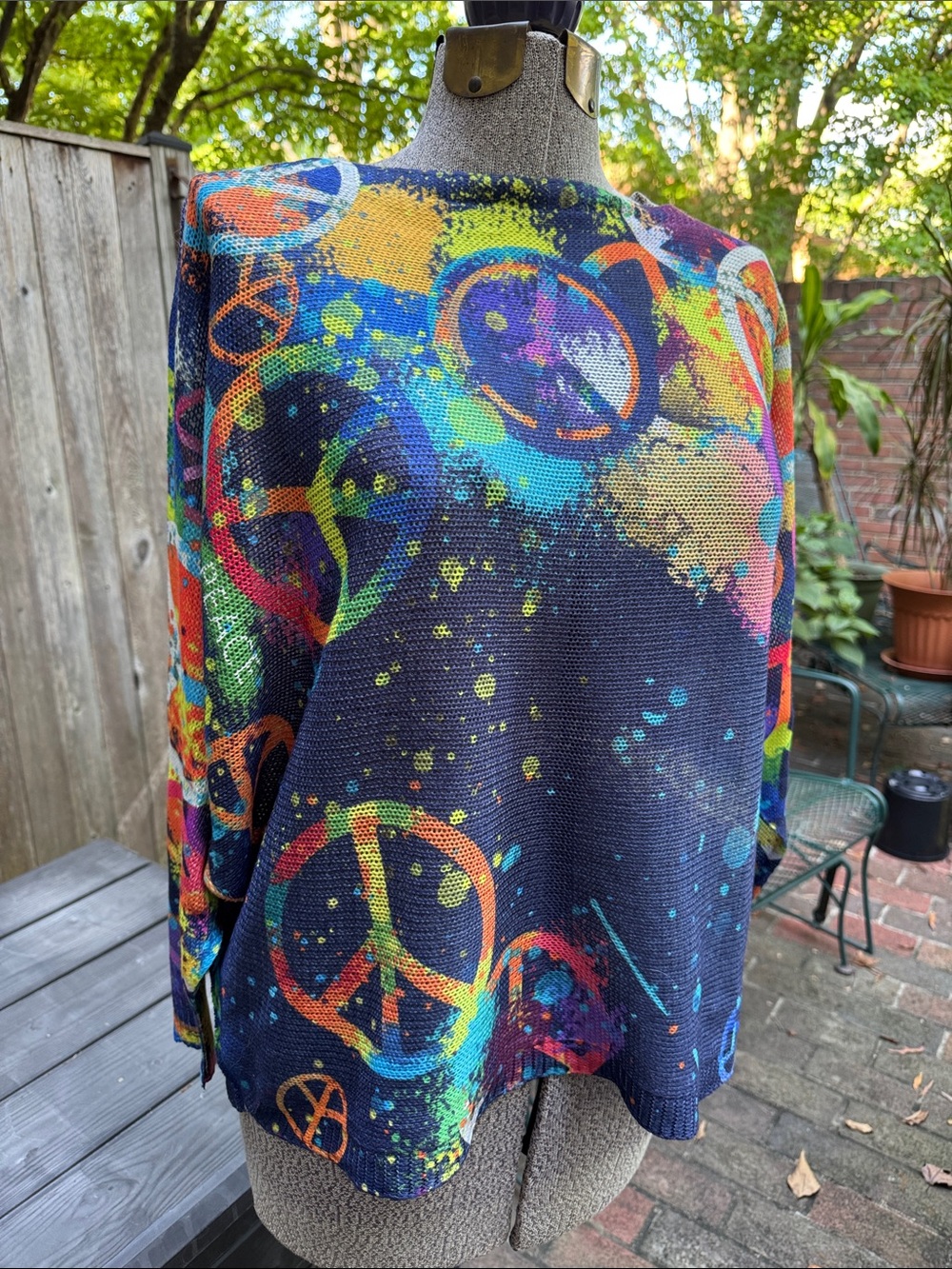 Multicolor Peace Sign boatneck Sweater - Navy Base with happy color all over!